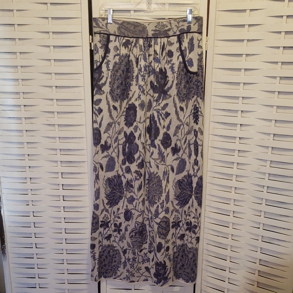 Peruvian Connection Floral Blue and Gray  Women's Maxi Skirt Size M